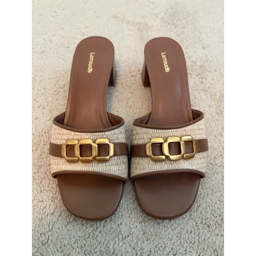 Larroude‎ Franca Block Sandal in Natural Raffia Caramel Leather Women's Size 9.5